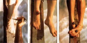 Ricostruzione dell'uso di due chiodi nei piedi durante la crocifissione